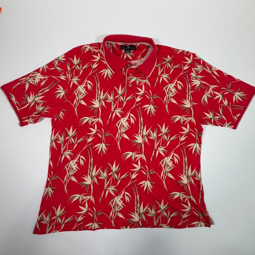Consensus Sportswear Mens XXL Red Bamboo Print Cotton Polo Shirt Boho Tropical